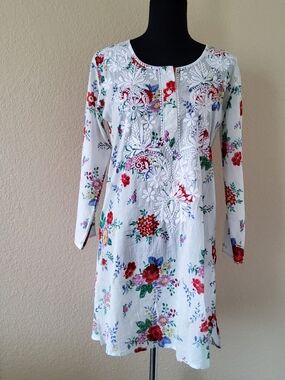 Vintage Goa Floral Embroidered Multicolor Embroidered Boho Tunic Top Size S NWT